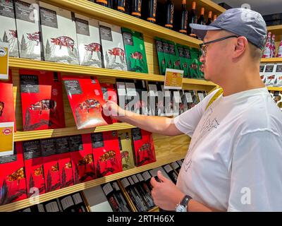 Sevilla, Spanien, Chinesischer Touristeneinkauf im traditionellen Spanischen Ham Store, Auswahl von Lebensmitteln auf Diplay Stockfoto