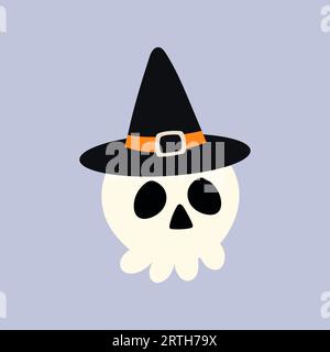 Niedlicher handgezeichneter Halloween-Schädel in einem Hut Stock Vektor