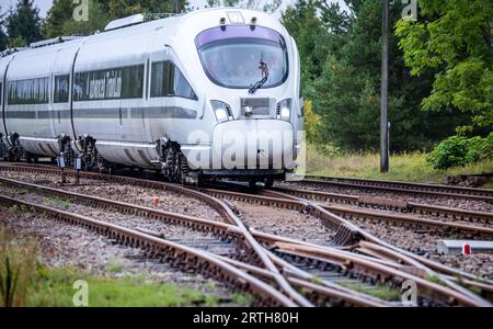 Karow, Deutschland. September 2023. Der Testzug „Advanced TrainLab“ der Deutschen Bahn fährt in den Bahnhof Karow, der sonst kaum genutzt wird. Während eines Zwischenstopps während der Probefahrten hatte der Infrastrukturbetreiber Regio Infra Nordost das Streckenkonzept „Karower Kreuz 365“ für eine effektivere Nutzung des Schienennetzes in der Region vorgestellt. Es geht um mögliche Perspektiven eines attraktiven Personenverkehrs zwischen den Metropolen Berlin und Rostock auf der Nord-Süd-Achse. Quelle: Jens Büttner/dpa/Alamy Live News Stockfoto