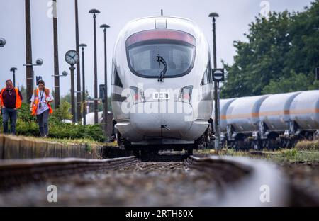 Karow, Deutschland. September 2023. Im Bahnhof Karow, der sonst kaum genutzt wird, steht der Testzug „Advanced TrainLab“ der Deutschen Bahn. Der Infrastrukturbetreiber Regio Infra Nordost hatte das Streckenkonzept „Karower Kreuz 365“ für eine effektivere Nutzung des Schienennetzes in der Region bei einem Zwischenstopp während der Probefahrten vorgestellt. Es geht um mögliche Perspektiven eines attraktiven Personenverkehrs zwischen den Metropolen Berlin und Rostock auf der Nord-Süd-Achse. Quelle: Jens Büttner/dpa/Alamy Live News Stockfoto