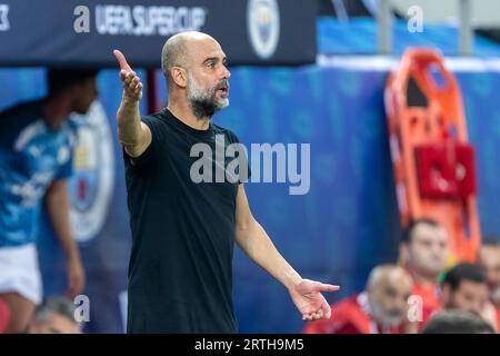 Athen, Griechenland - 16. August 2023: Manchester City Trainer Josep Guardiola während des letzten Fußballspiels des Super Cup zwischen Manchester City und Sevilla AT Stockfoto