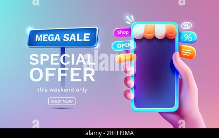 Shopping-Smartphone, Screen Box Pay, Online-Markt. Vektor Stock Vektor