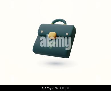 Eine Business-Aktentasche mit gelbem Knopf und minimalistischem Grün. 3D gerenderte Aktentasche oder Business-Bag-Symbol isoliert auf weißem Hintergrund. Vektorillustration. Vektorillustration Stock Vektor