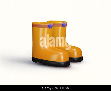Ein Paar minimalistisch gelbe Gummistiefel mit einfacher Dekoration. 3D gerendertes wasserdichtes Gartenschuhsymbol isoliert auf weißem Hintergrund. 3D-Vektorillustration. Vektorillustration Stock Vektor
