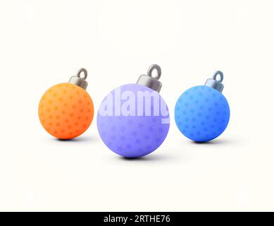 Drei schöne orange, lila, blaue weihnachtskugeln oder Kugeln. 3D gerenderte weihnachtsdekoration Symbole isoliert auf weißem Hintergrund. 3D-Vektorillustration. Vektorillustration Stock Vektor