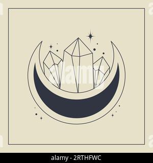 Strichkunst Kristall, magisches Heilkonzept mit Mond esoterischen Elementen. Stock Vektor