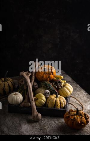 Halloween Stillleben mit Kürbis und Knochen Stockfoto