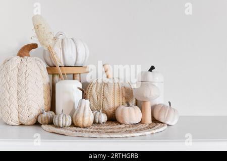 Herbstdekor im Boho-Stil mit Kürbissen und getrockneten Blumen und Kopierraum Stockfoto