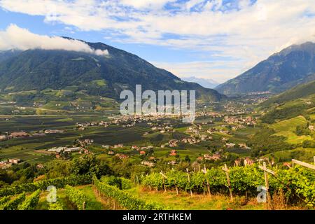 Blick in das Etschtal in Suedtirol bei Meran, Italien, Blick auf das Tal der Etsch in Südtirol bei Meran, Italien Stockfoto