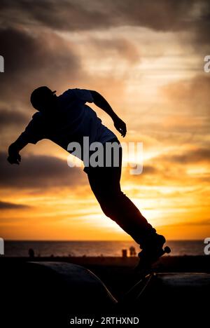 Ein Skateboarder in Aktion am Venice Beach Skate Park in Los Angeles, Kalifornien, USA Stockfoto