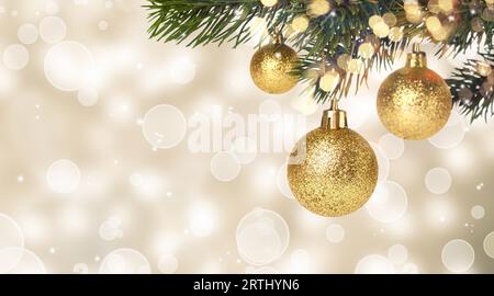 Weihnachtskugeln auf schneebedeckten Tanne hängen. Silvester-Karte Stockfoto