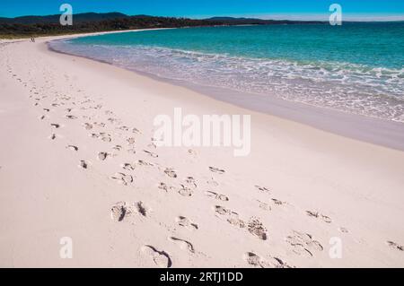 Ein Wanderweg führt entlang des Binalong Bay Strandes in Bay of Fires, Tasmanien, der weltberühmt ist für seine wunderschönen weißen Strände und das klare Wasser Stockfoto