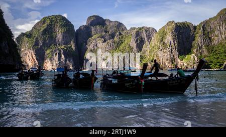 Ko Phi Phi Leh Island, Thailand am 17. November 2016: Langboot wartet auf Passagiere am Strand der Maya Bay Stockfoto