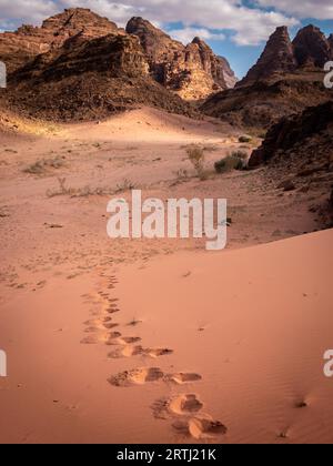 Fußstapfen allein in der Wüste Wadi Rum, Jordanien. Viele Menschen besuchen Wadi Rum, die schönste Wüste Jordaniens, wenn nicht den ganzen Nahen Osten, weiter Stockfoto