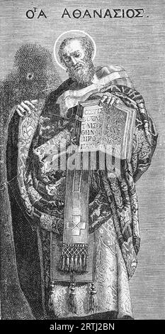 Athanasius, 20. Papst von Alexandria als Athanasius der 1. Gravur eines Bildes von Dominichino in der Kirche von Grotta, Ferrata, bei Rom. Aus dem Leben der Heiligen (Mai) von Sabin Baring-Gould, 1897. Stockfoto