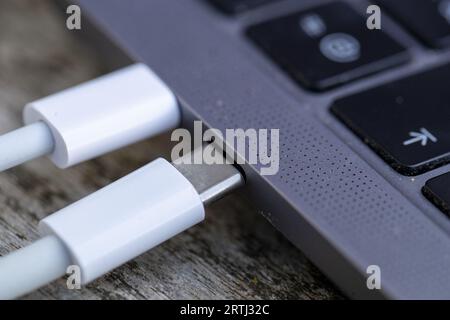 Lierde, Belgien. September 2023. Die Abbildung zeigt Details zu zwei Apple USB-C-Anschlüssen, die in Lierde, Mittwoch, 13. September 2023, an einen Computer angeschlossen sind. Nach den europäischen Rechtsvorschriften müssen Hersteller elektronischer Geräte bis Ende 2024 alle neuen Smartphones, Tablets und Kameras mit einem USB-C-Anschluss ausstatten. Apple verwendet bisher seine eigene Lightning-Technologie, hat jedoch kürzlich angekündigt, dass die neueste Version des iPhone (iPhone 15) über einen universellen USB-C-Ladeanschluss verfügt. BELGA PHOTO NICOLAS MAETERLINCK Credit: Belga News Agency/Alamy Live News Stockfoto