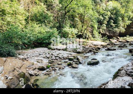 Bergfluss im Wald zwischen den Felsen und Naturwanderweg Stockfoto