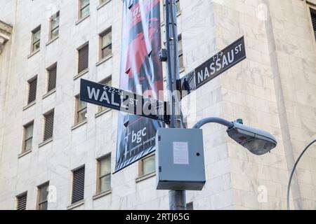 New York City, Vereinigte Staaten von Amerika, 18. November 2016: Straßenschilder an der Ecke Wall Street und Nassau Street in Lower Manhattan Stockfoto