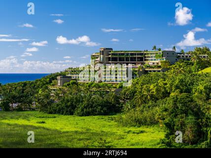 1 das Hotel ist von Pflanzen bedeckt, die sich auf dem Hügel oberhalb der Hanalei Bay auf der hawaiianischen Insel Kauai befinden Stockfoto