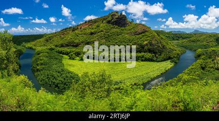 Dramatisches Panorama des berühmten Wailua Flusses, der in der Nähe der Secret Grotto an der Ostküste der hawaiianischen Insel Kauai fließt Stockfoto