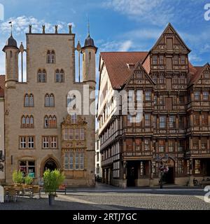 Historischer Marktplatz mit Tempelhaus und Wedekindhaus, Altstadt, Hildesheim, Niedersachsen, Deutschland Stockfoto