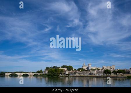 AVIGNON STADTMAUERN UND STADTMAUER UND PALAST VON GEGENÜBER DER RHONE Stockfoto