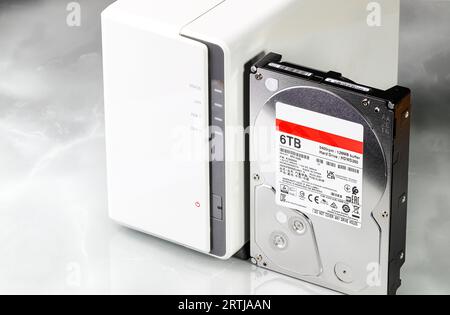 HDD 3,5' für die Installation auf einem NAS-Computer (Network Attached Storage) mit zwei Schächten für Mitarbeiter oder kleine Büros. Stockfoto