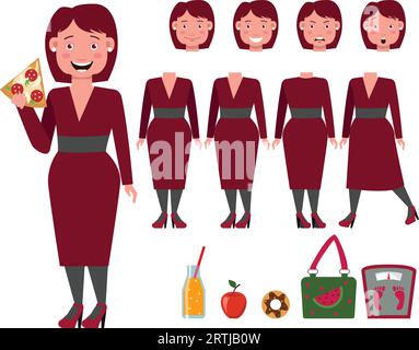 Fette Dame im Kleid, die Pizza isst, Charakterset Stock Vektor