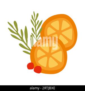 Zwei Orangenscheiben, Rosmarin und Preiselbeeren. Zitrusstücke, Beeren und Gewürze für heiße Getränke. Komfort und Gemütlichkeit, erfrischendes Getränk. Poster oder banne Stock Vektor