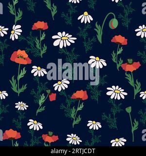 Nahtloses Muster mit roten Mohnblumen, weißen Kamillenblüten und gelbem Rudbeckia. Sommerblumenfeld, Wiese. Druck für Textil, Stoff, Geschenkverpackung PA Stock Vektor