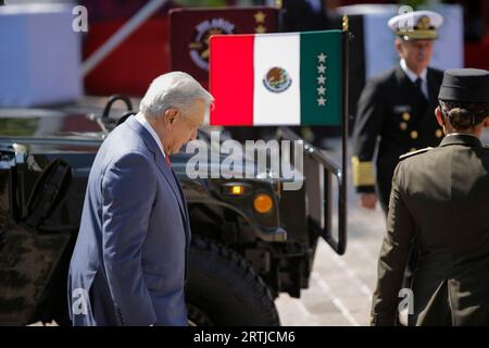 Mexiko-Stadt, Mexiko-Stadt, Mexiko. September 2023. ANDRES MANUEL LOPEZ OBRADOR Präsident der Vereinigten Mexikanischen Staaten bei der Zeremonie im Bosque de Chapultepec. (Bild: © Luis E Salgado/ZUMA Press Wire) NUR REDAKTIONELLE VERWENDUNG! Nicht für kommerzielle ZWECKE! Stockfoto