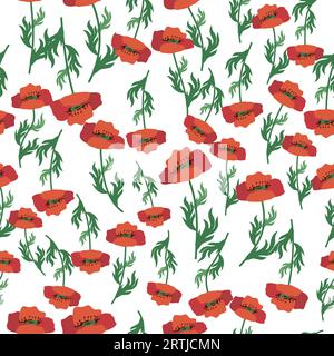 Nahtloses Sommermuster mit leuchtend roten Mohnblumen und Mohnschoten. Feld, Weide von Mohnblumen. Stock Vektor