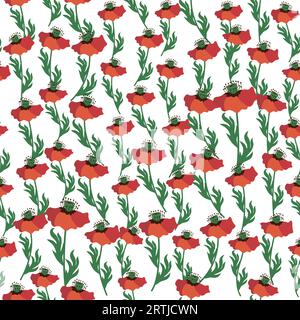 Nahtloses Sommermuster mit leuchtend roten Mohnblumen und Mohnschoten. Feld, Weide von Mohnblumen. Stock Vektor