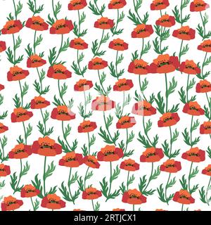 Nahtloses Sommermuster mit leuchtend roten Mohnblumen und Mohnschoten. Feld, Weide von Mohnblumen. Stock Vektor