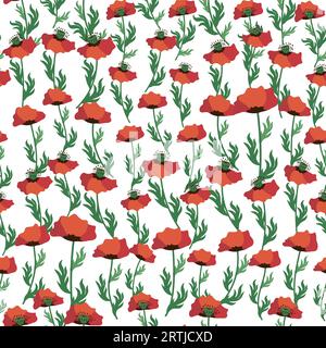 Nahtloses Sommermuster mit leuchtend roten Mohnblumen und Mohnschoten. Feld, Weide von Mohnblumen. Stock Vektor