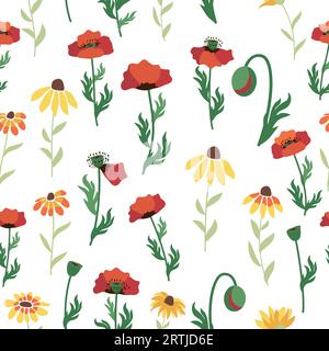 Nahtloses Muster mit roten Mohnblumen, weißen Kamillenblüten und gelbem Rudbeckia. Sommerblumenfeld, Wiese. Druck für Textil, Stoff, Geschenkverpackung PA Stock Vektor