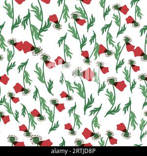 Nahtloses Sommermuster mit leuchtend roten Mohnblumen und Mohnschoten. Feld, Weide von Mohnblumen. Stock Vektor