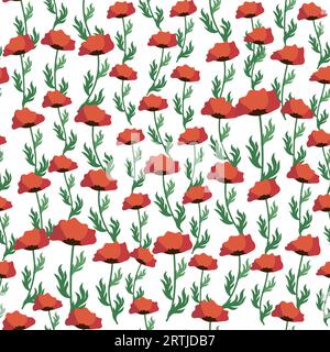 Nahtloses Sommermuster mit leuchtend roten Mohnblumen und Mohnschoten. Feld, Weide von Mohnblumen. Stock Vektor