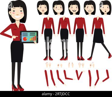 Flache Symbole für Geschäftsfrauen mit Diagrammen auf dem Tablet-Bildschirm Stock Vektor