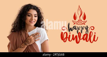 Lange Fahne für Happy Diwali mit Indianerin Stockfoto