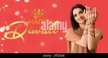 Lange Fahne für Happy Diwali mit Indianerin Stockfoto