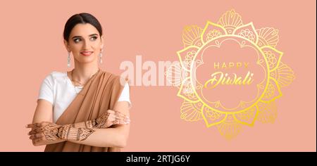 Lange Fahne für Happy Diwali mit Indianerin Stockfoto