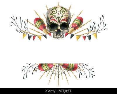 Menschlicher Schädel mit einem Ornament, in einer goldenen Krone mit Rochen, mit Spinnweben, Kranzfahnen und Maracas. Handgezeichnete Aquarellzeichnung für den Tag des Stockfoto