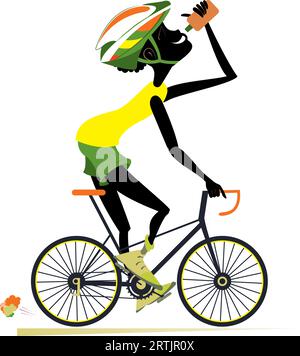 Radfahren. Fahrrad. Junger afrikanischer Mann trinkt Wasser. Karikatur lächelnder afrikanischer Mann im Helm, der Fahrrad fährt und Trinkwasser trinkt Stock Vektor