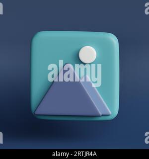 Galeriesymbol, Bilder, Fotos, Videos. Bild, JPG-Datei, Foto-Symbol. Berge und Sonne. 3D-Rendering-Illustration Stockfoto