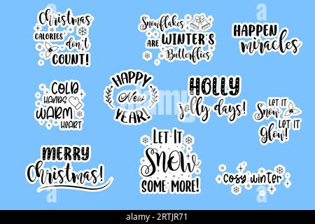 Aufkleber mit winterlichen Schriftzügen, Grüßen, frohem Neujahr und weihnachten. Vektorillustration Stock Vektor