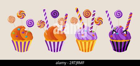 Eine Reihe von Cupcakes mit Süßigkeiten und Lutscher. Eine Kollektion süßer Halloween-Desserts. Cartoon Bonbons Clipart für Menü, Grußkarte, Party Einladung Stock Vektor