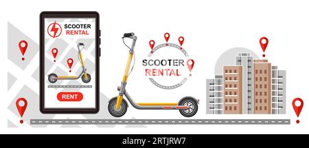 Verleih von Elektrorollern, Online-Verleih von Push-E-Scooter-Handy-App, Transport von Elektromotorrädern. GPS-Karte Routenverfolgung Vektor Stock Vektor