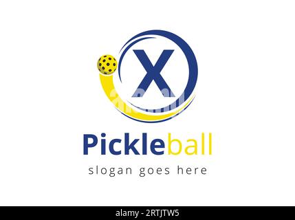 Erstes X-Buchstaben-Alphabet mit Pickleball-Logo-Konzept mit beweglichem Pickleball-Symbol Stock Vektor