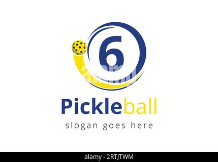 Erstes 6-stelliges Alphabet mit Pickleball-Logo-Konzept mit beweglichem Pickleball-Symbol Stock Vektor